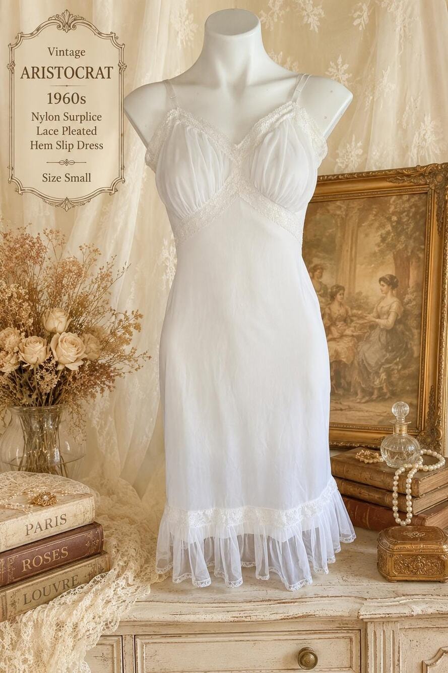 Vintage Aristocrat 1960s White Nylon Surplice Lace Pleated Hem Slip Dress Small